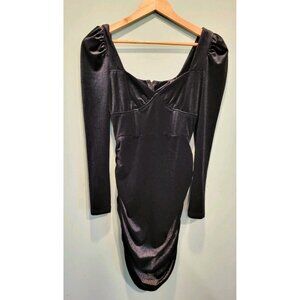 Black Stretch Velvet Long Sleeve Babydoll Ruched Bodycon Dress Witchy Vamp Sz S
